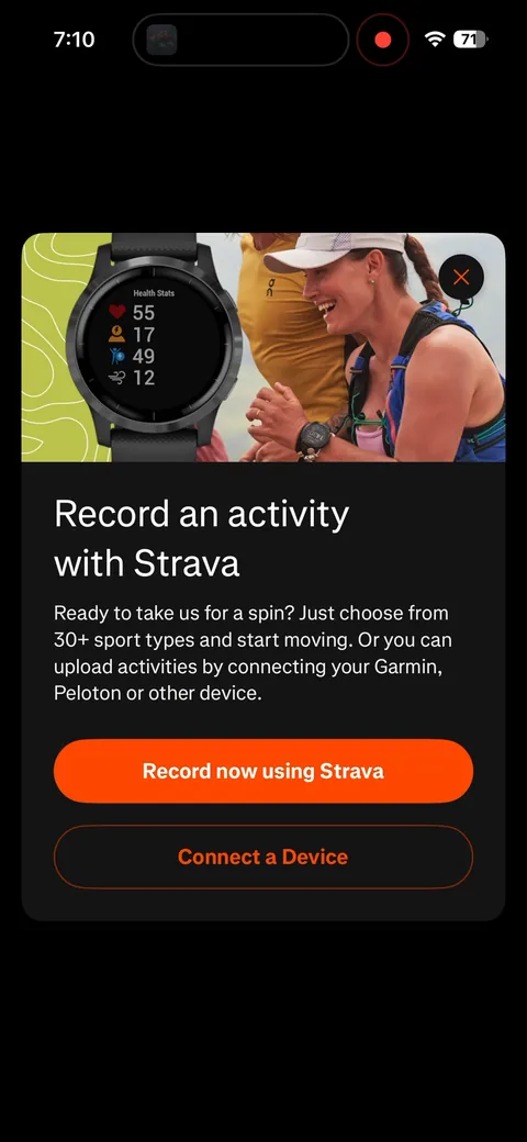 Strava onboarding screen 70: 'Record an activity with Strava' modal right on arrival, with 'Record now using Strava' or 'Connect a Device'
