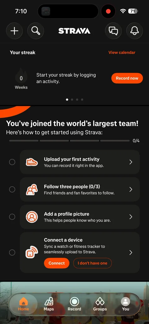 Strava onboarding screen 71: New since 2024: a 'You've joined the world's largest team!' checklist at 0/4: upload your first activity…