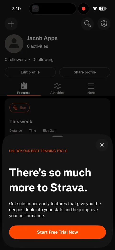 Strava onboarding screen 74: Tap into the You tab and a bottom sheet appears: 'There's so much more to Strava