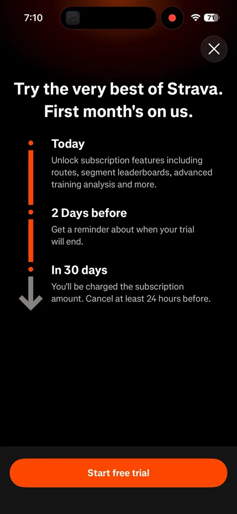 Strava onboarding screen 76: Second paywall, different design: 'Try the very best of Strava