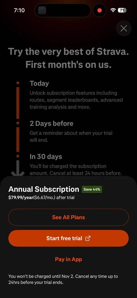 Strava onboarding screen 77: This is new: 'Start free trial' with an external-link icon is the primary button and it opens strava.com…