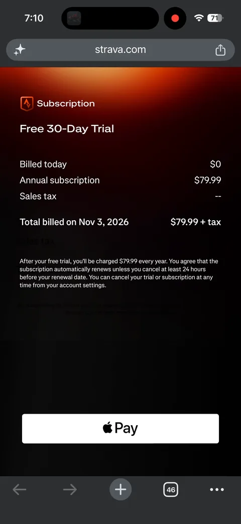 Strava onboarding screen 79: strava.com checkout: 'Free 30-Day Trial', Billed today $0, Annual subscription $79.99, 'Total billed on Nov…