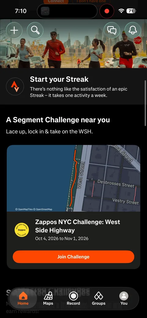 Strava onboarding screen 84: 'A Segment Challenge near you' with the 'Zappos NYC Challenge: West Side Highway' and Join Challenge