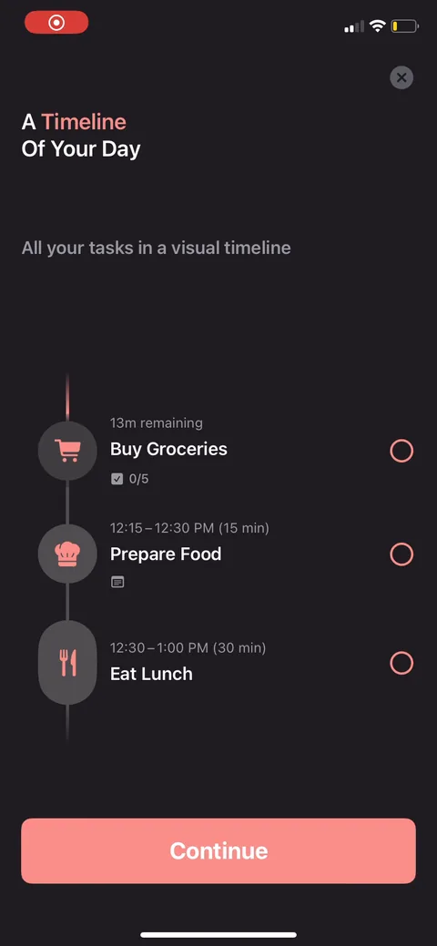 Structured onboarding screen 2: Interactive timeline demo with tasks already filled in (Buy Groceries, Prepare Food, Eat Lunch) and a live…