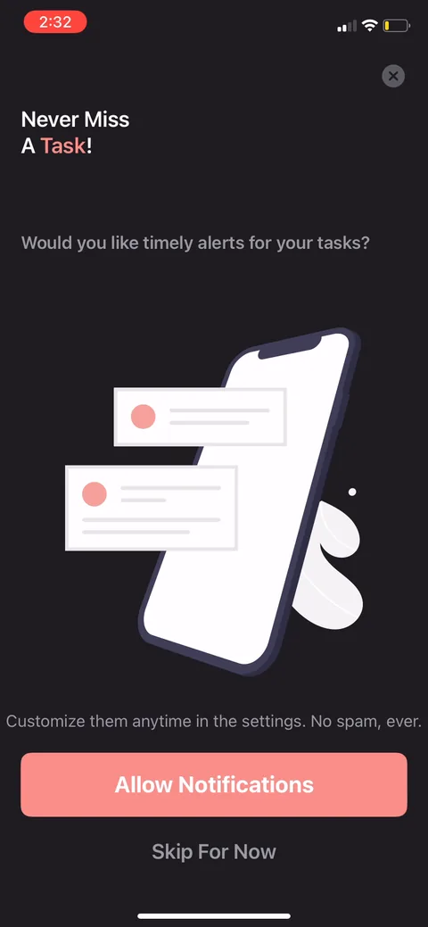Structured onboarding screen 7: Notification permission framed as 