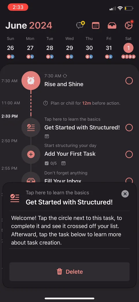 Structured onboarding screen 12: The guided tutorial: coach marks walk you through completing a task, adding your first one, filling the…