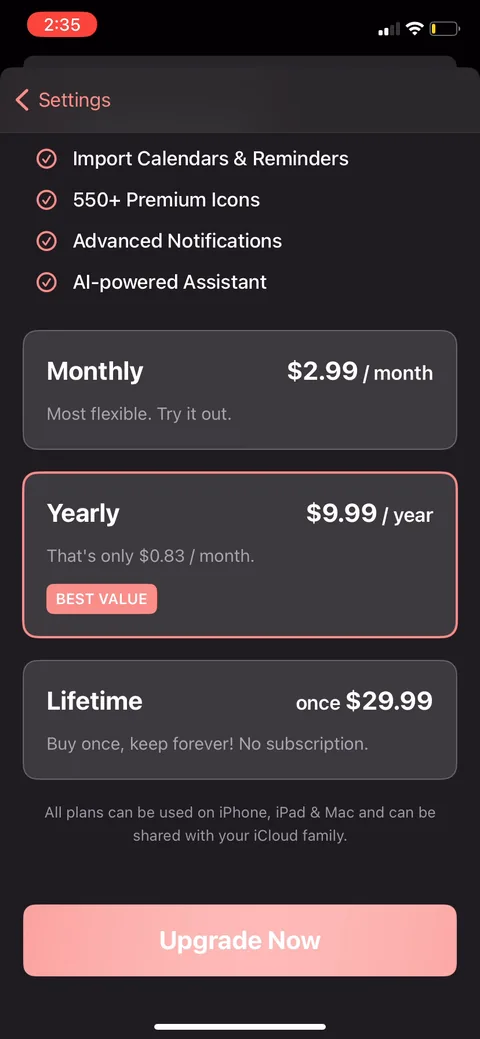 Structured onboarding screen 57: Three tiers: monthly $2.99, yearly $9.99 (BEST VALUE, the highlighted default), lifetime $29.99