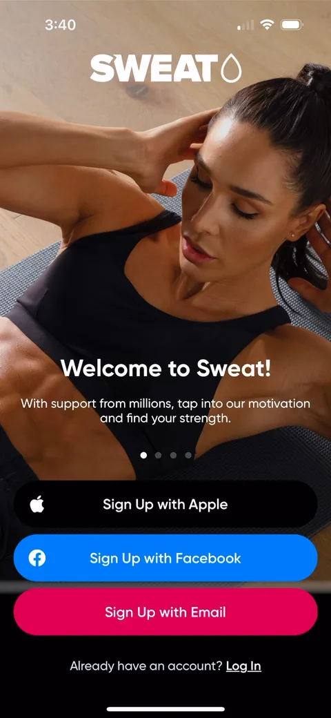 Sweat onboarding screen 2: 'Welcome to Sweat!' with 'support from millions, tap into our motivation'