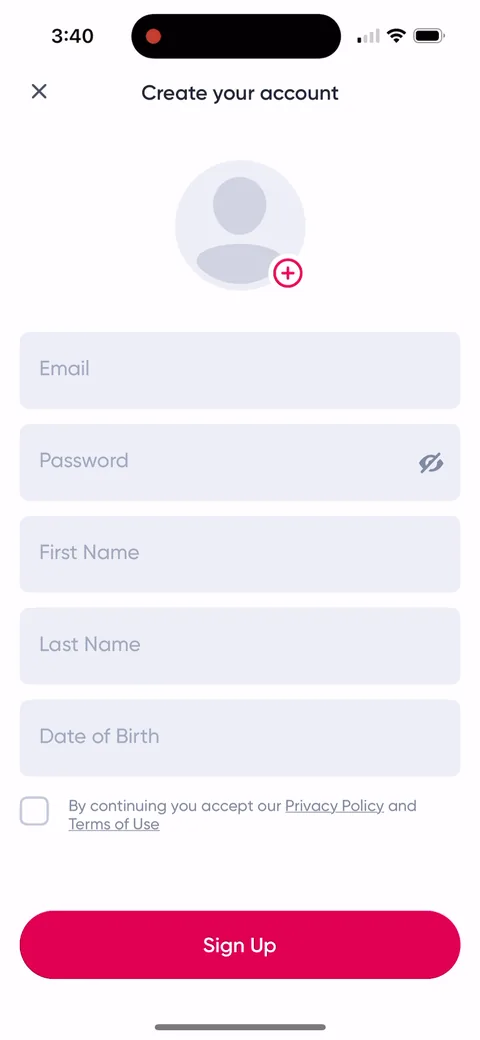 Sweat onboarding screen 3: Email, password, first name, last name and date of birth, all before you've seen a single workout