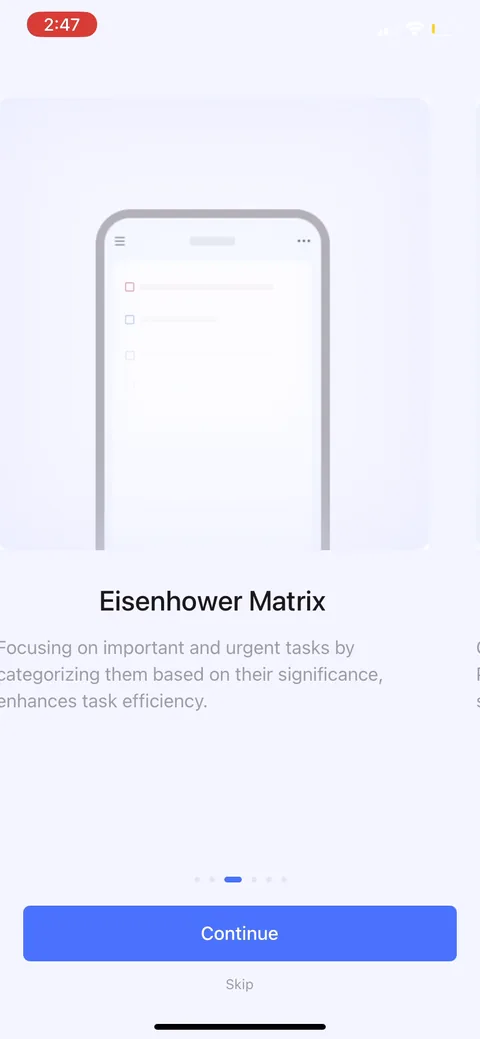 Ticktick onboarding screen 7: Leading with the Eisenhower matrix as a value prop