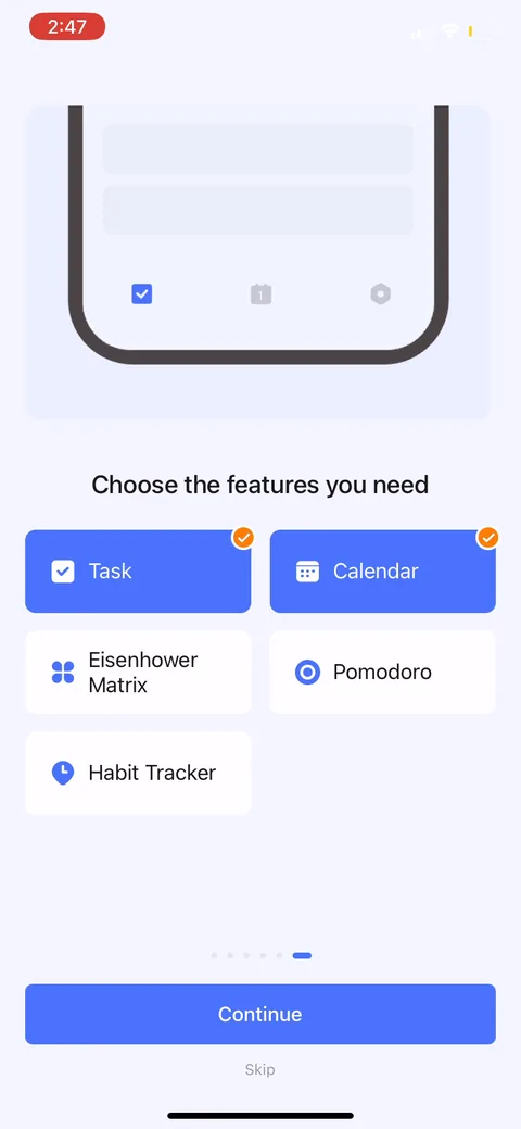 Ticktick onboarding screen 14: Multi-select feature picker with Task and Calendar pre-checked