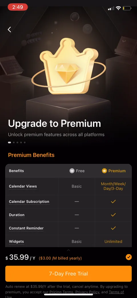 Ticktick paywall with pricing, onboarding screen 43