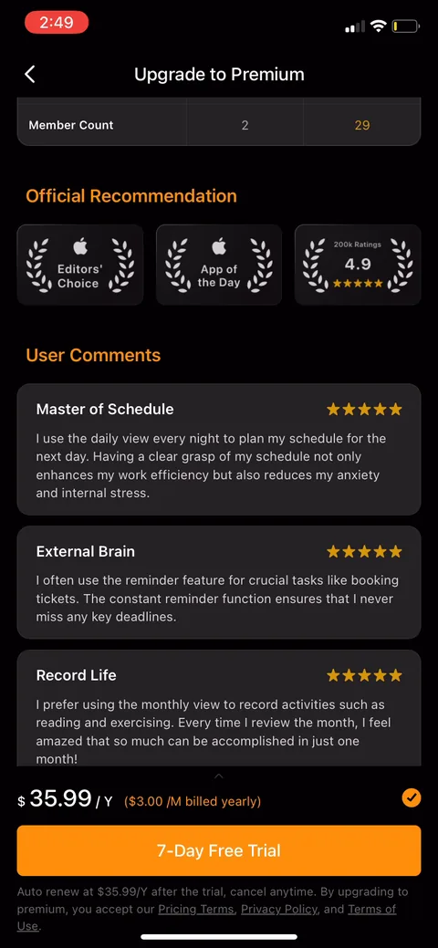 Ticktick onboarding screen 50: Scroll the premium page and you hit named user comments (Master of Schedule, External Brain, Record Life)…
