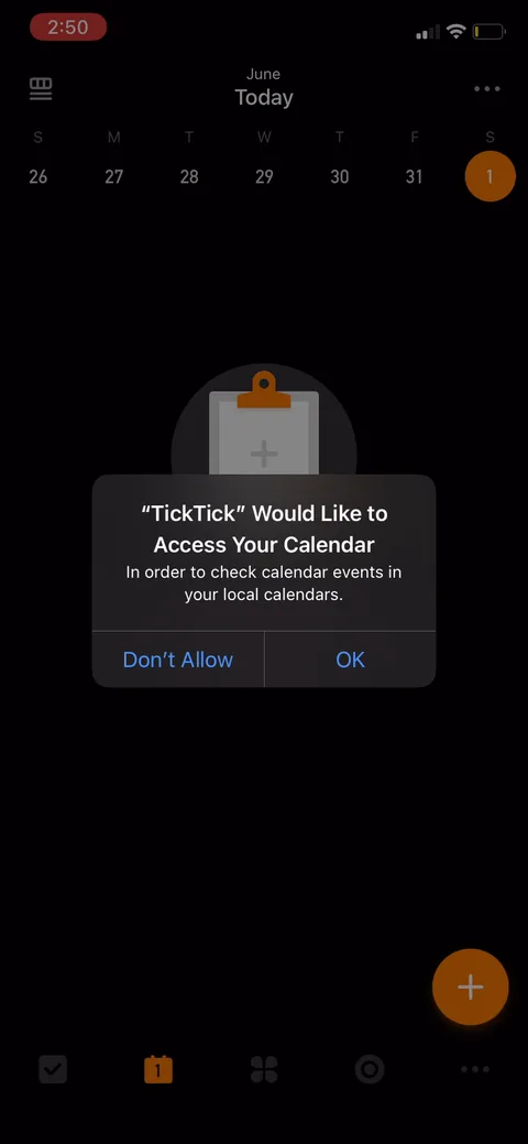 Ticktick onboarding screen 58: Calendar access asked in context, right as the calendar view loads, not cold during onboarding