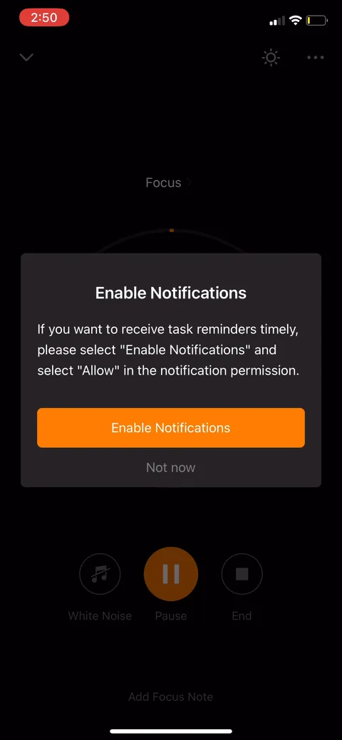 Ticktick onboarding screen 70: Notification permission asked when the user starts a focus timer, framed around the benefit ('receive task…
