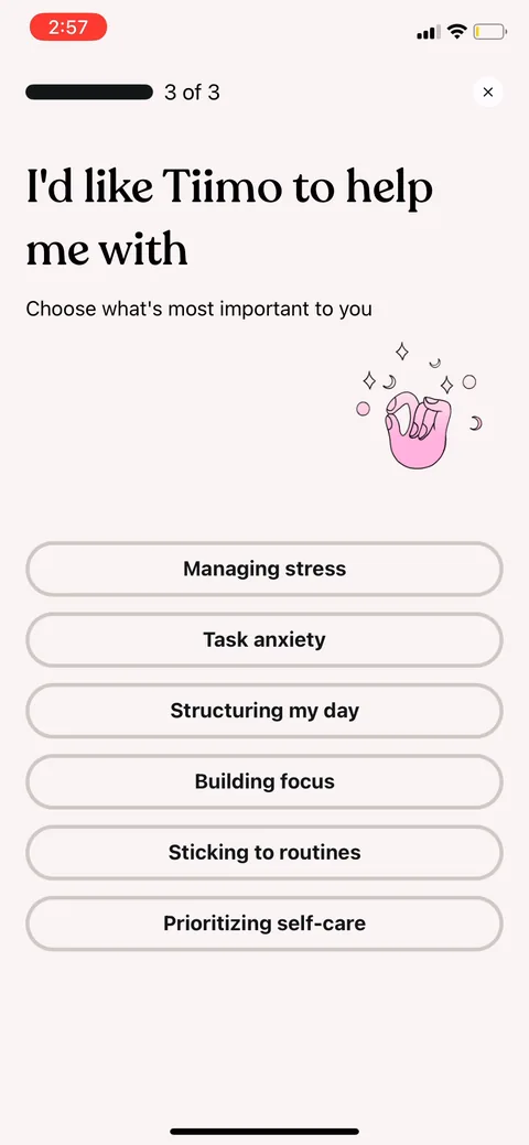 Tiimo onboarding screen 8: Goal capture: managing stress, structuring my day, building focus, sticking to routines, self care