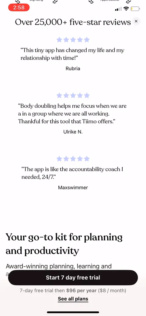 Tiimo onboarding screen 21: Named testimonials on the paywall: 