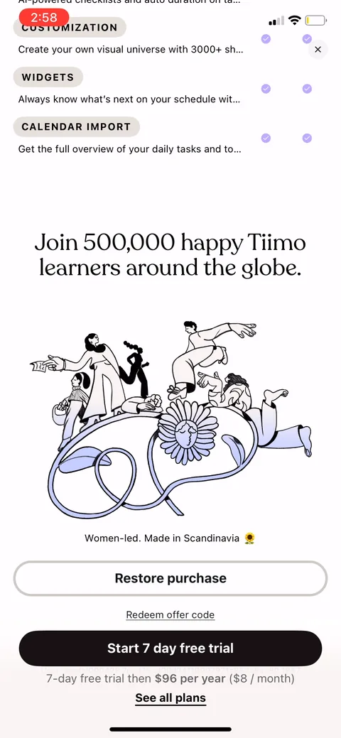 Tiimo paywall with pricing, onboarding screen 30