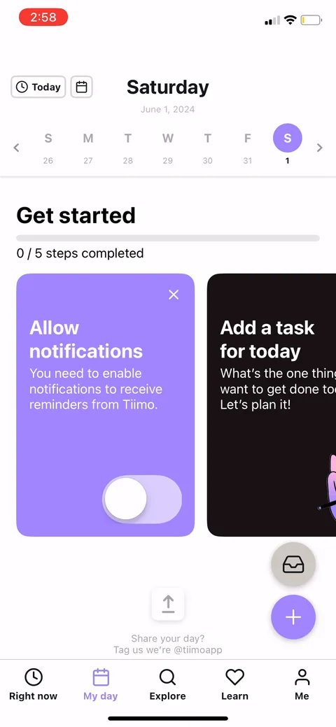 Tiimo onboarding screen 34: Post-paywall you land on a working dashboard with 