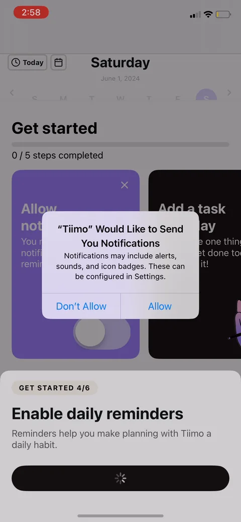 Tiimo onboarding screen 40: Notification prompt framed as 