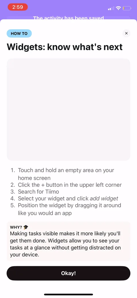 Tiimo onboarding screen 53: Widget tutorial that leads with the why: 