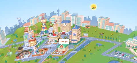 Toca Boca World onboarding screen 21: 'Free gift' tags dotted on buildings across the map