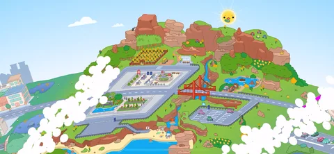 Toca Boca World onboarding screen 39: Still panning, now past the beach and into the mountains