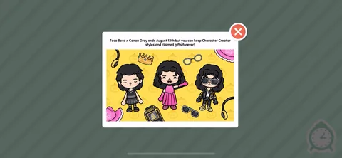 Toca Boca World onboarding screen 60: The only real words in sixty-two screens: 'Toca Boca x Conan Gray ends August 13th but you can keep Character…