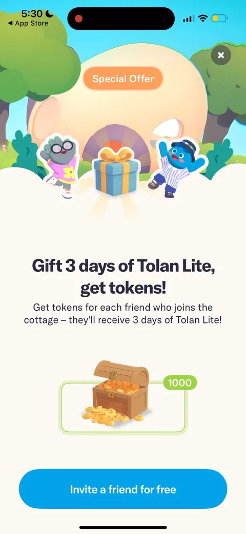 Tolan onboarding screen 120: 'Gift 3 days of Tolan Lite, get tokens