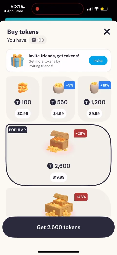 Tolan onboarding screen 132: Token store with a 'POPULAR' tag on the 2,600 pack and '+28% / +48%' bonus badges
