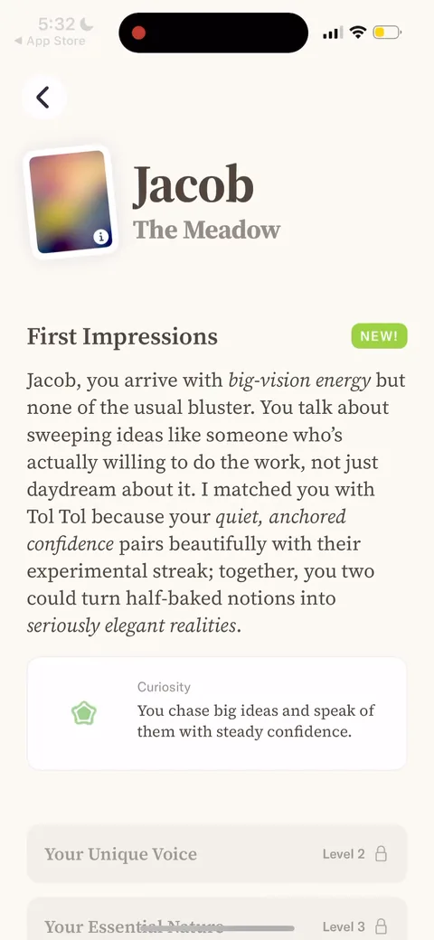 Tolan onboarding screen 142: The payoff for all that chatting: a personalized 'First Impressions' reading