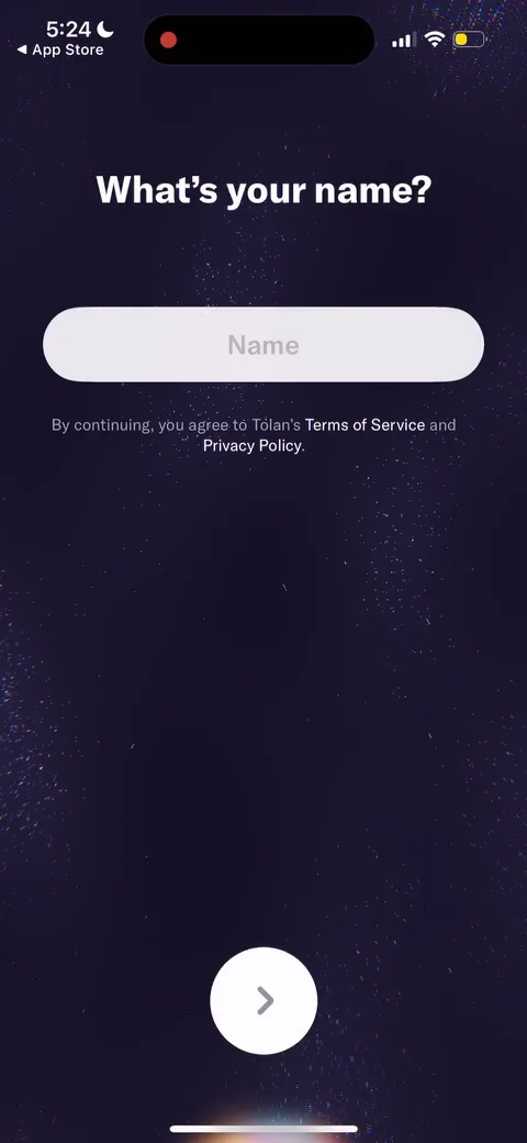 Tolan onboarding screen 18: 'What's your name?' No email, no account, no password
