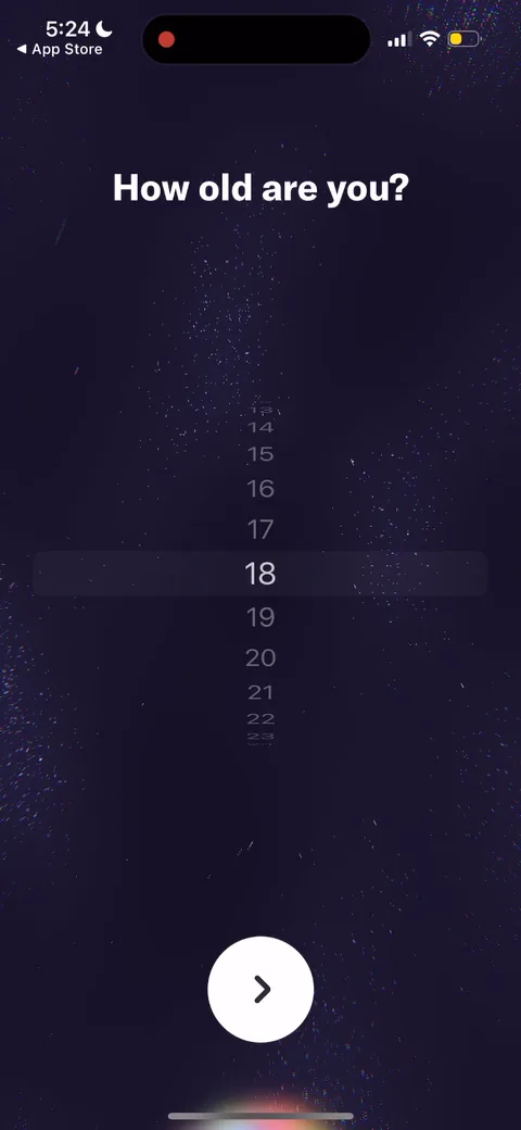 Tolan onboarding screen 20: 'How old are you?' A wheel picker defaulting to 18