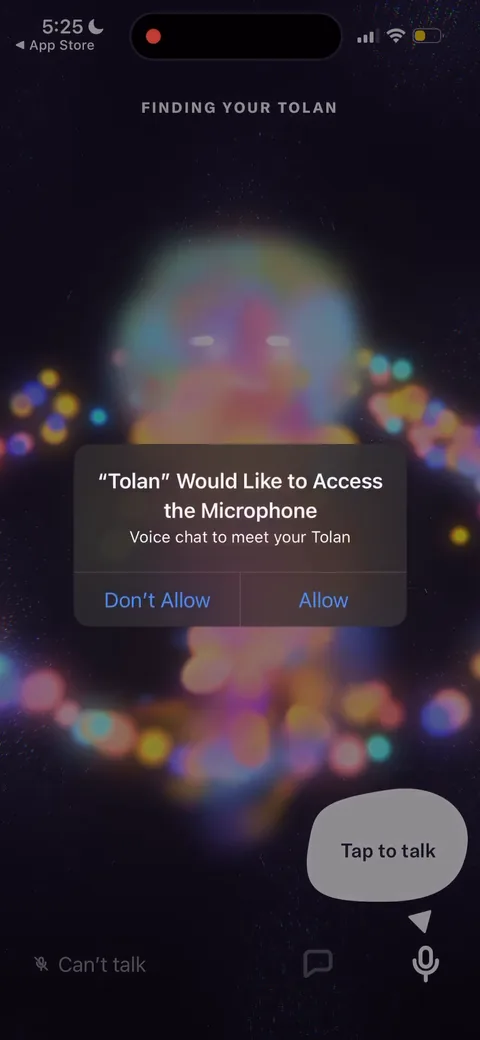 Tolan onboarding screen 29: Mic permission framed as 'Voice chat to meet your Tolan,' not 'allow microphone access.' They tie the ask to…