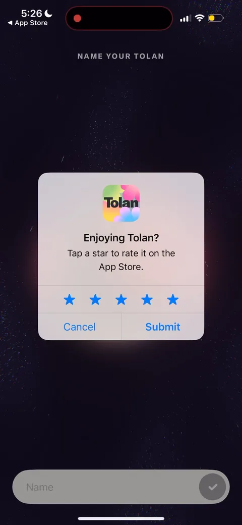 Tolan onboarding screen 60: Review prompt fired mid-onboarding, right after you name your Tolan and before the paywall