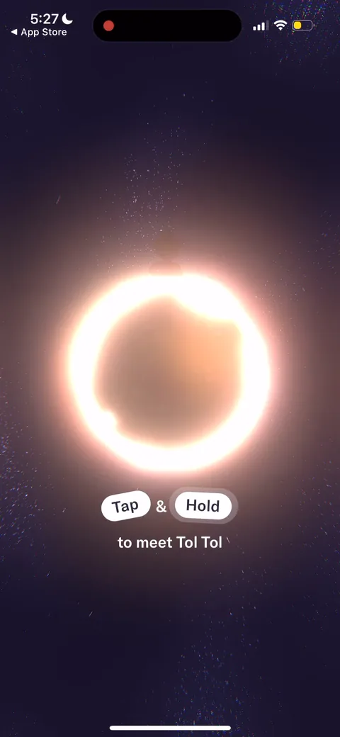 Tolan onboarding screen 64: 'Tap & Hold to meet Tol Tol.' This is the hold-to-commit UX Headway popularized, but made their own