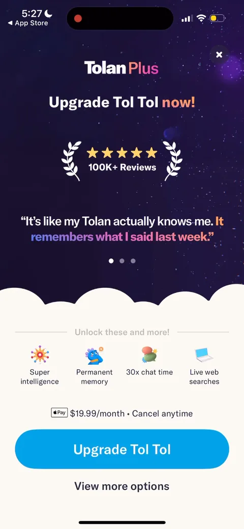 Tolan onboarding screen 76: '100K+ Reviews' under laurels, plus a rotating testimonial: 'It's like my Tolan actually knows me