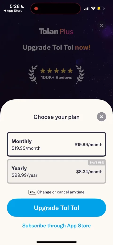 Tolan onboarding screen 78: 'Choose your plan.' Monthly $19.99 is selected by default, with yearly as the alternative