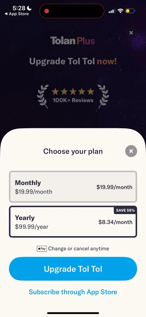 Tolan paywall with pricing, onboarding screen 80
