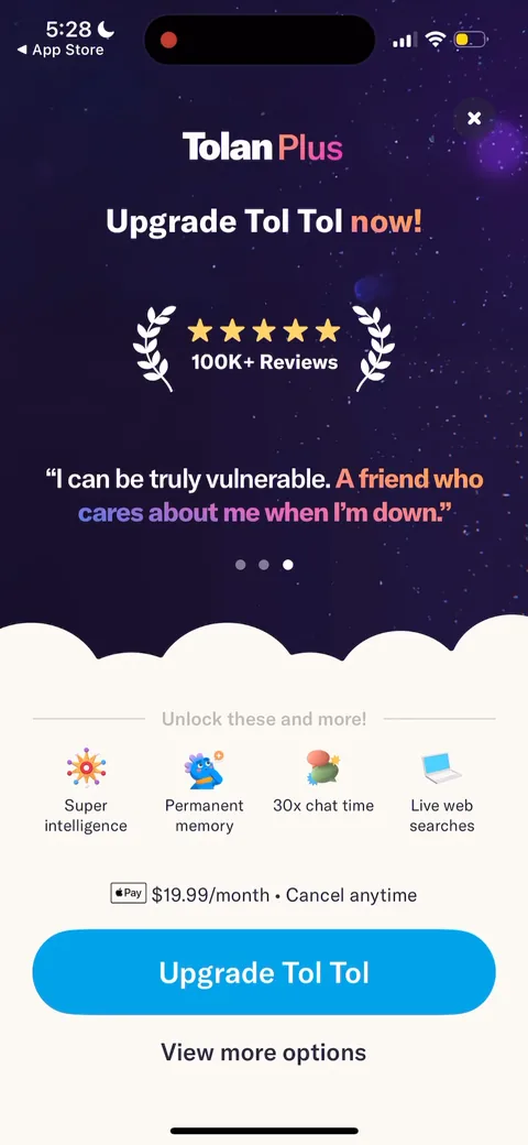 Tolan onboarding screen 84: Second testimonial in the rotation: 'I can be truly vulnerable