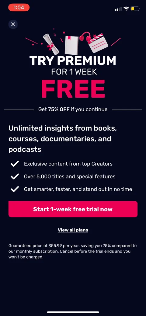 Uptime onboarding screen 16: 1-week free trial fronted, with '75% off if you continue' anchoring the yearly