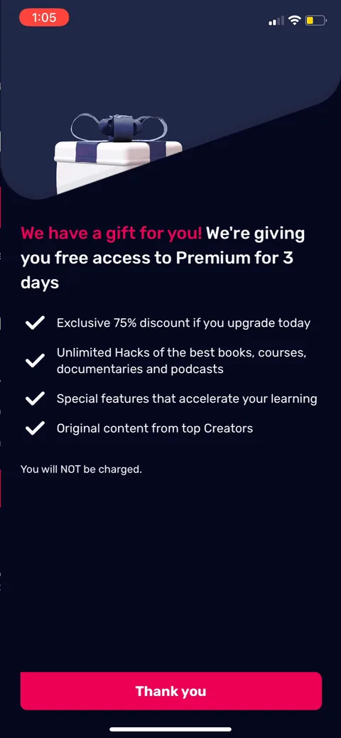 Uptime onboarding screen 18: Hit 'No thanks' and you get a softer offer: 3 days of Premium free, no card, plus a standing 75% discount