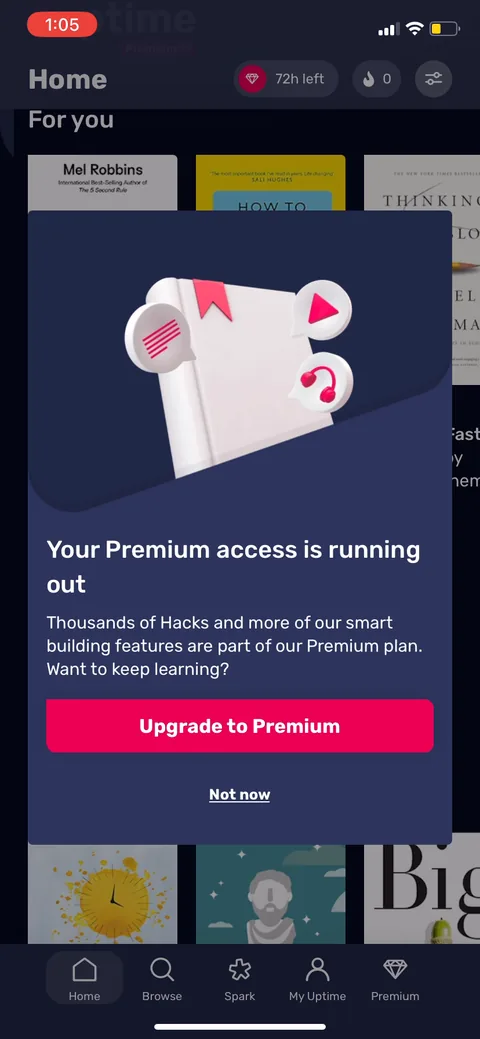 Uptime onboarding screen 27: The '72h left' badge and the 'Your Premium access is running out' card run the reverse trial: you get Premium…