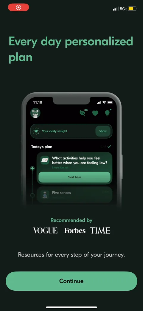 Vos onboarding screen 2: Phone mockup of the daily plan plus 'Recommended by Vogue, Forbes, Time' this early