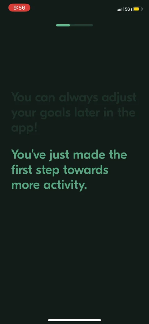 Vos onboarding screen 8: 'You've just made the first step towards more activity.' A small encouragement beat right after the quiz