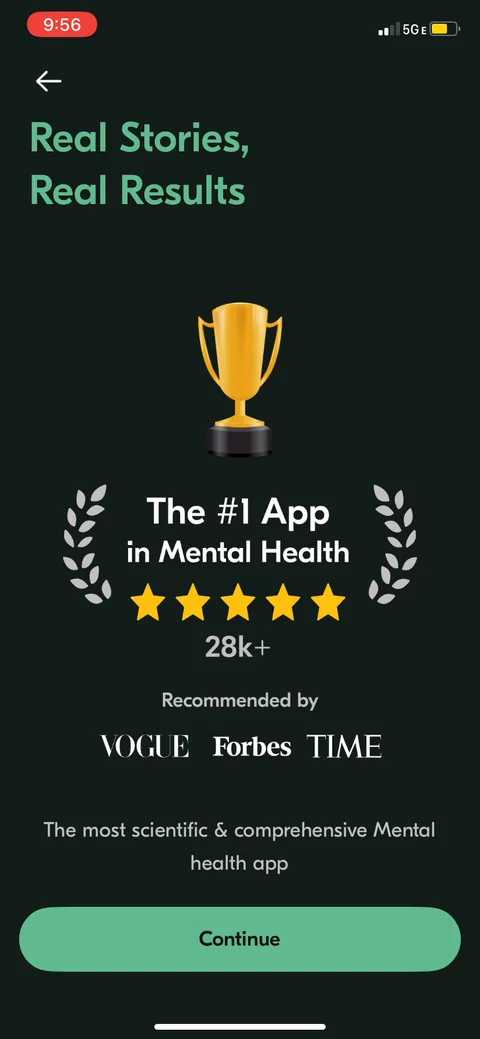 Vos onboarding screen 10: Social proof wall: #1 in mental health, 28k reviews, Vogue/Forbes/Time again, 'the most scientific…