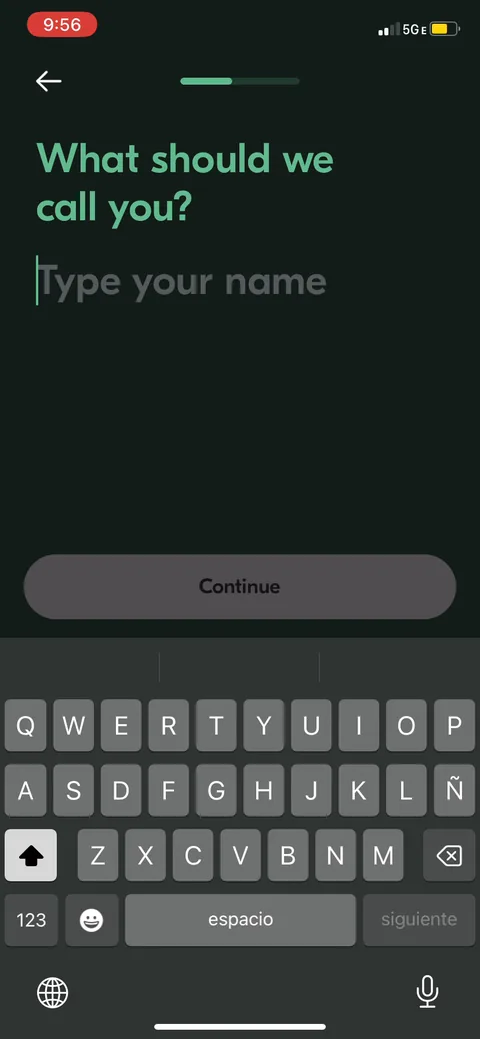 Vos onboarding screen 11: Name input, 'what should we call you.' Zero-party data they reuse on the next screens ('nice to meet you…