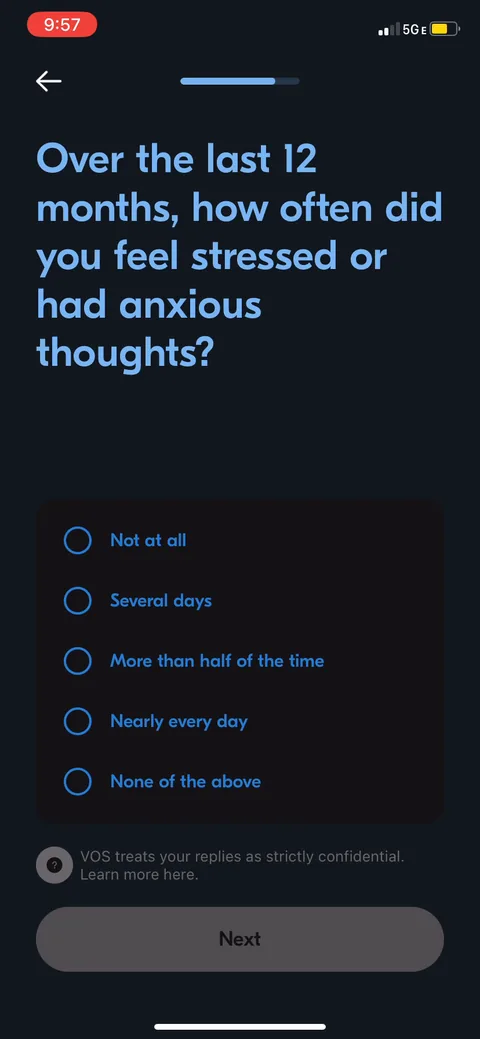 Vos onboarding screen 23: 'Over the last 12 months how often did you feel stressed or anxious,' with a 'strictly confidential' note…