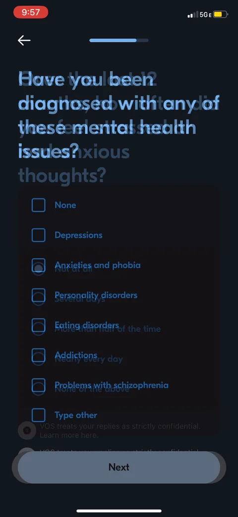 Vos onboarding screen 24: 'Have you been diagnosed with any of these mental health issues,' multi-select with a confidential note