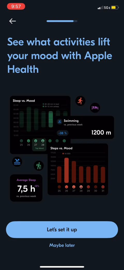Vos onboarding screen 26: Apple Health integration framed by the payoff first: 'see what activities lift your mood,' with a sample…